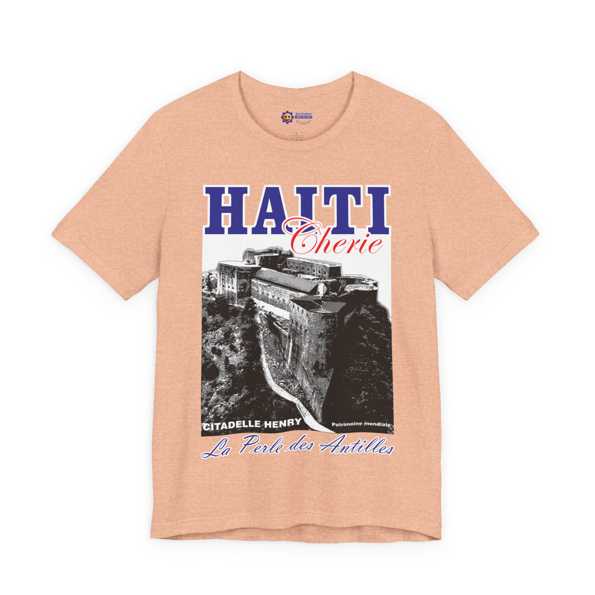 Heather Peach t-shirt with Haiti graphic design on a white background