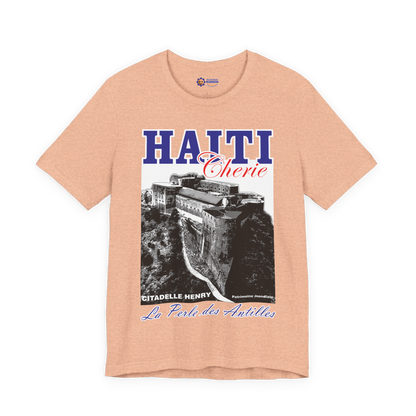 Heather Peach t-shirt with Haiti graphic design on a white background