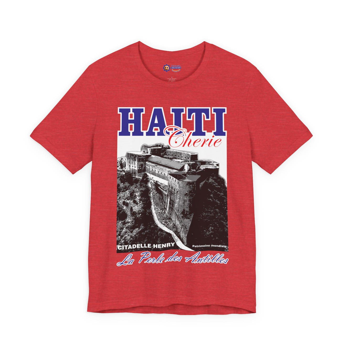 Heather Red t-shirt with black and white graphic and 'HAITI Chérie' text on a white background