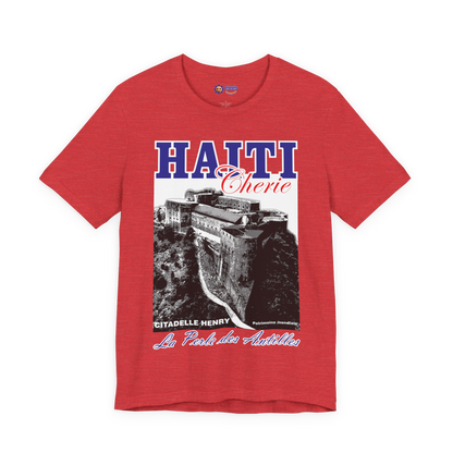Heather Red t-shirt with black and white graphic and 'HAITI Chérie' text on a white background