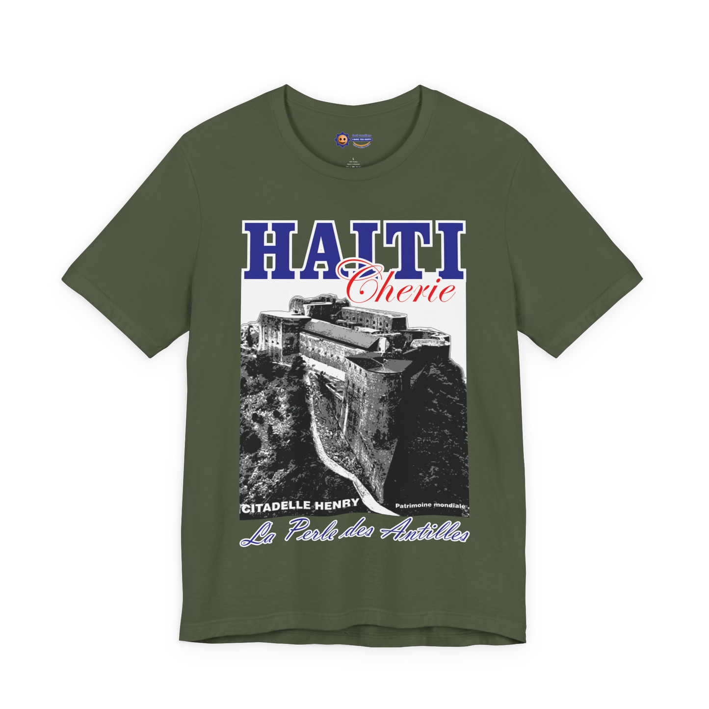 Military Green t-shirt with black and white graphic and 'HAITI Chérie' text on a white background