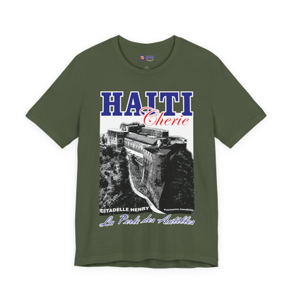 Military Green t-shirt with black and white graphic and 'HAITI Chérie' text on a white background