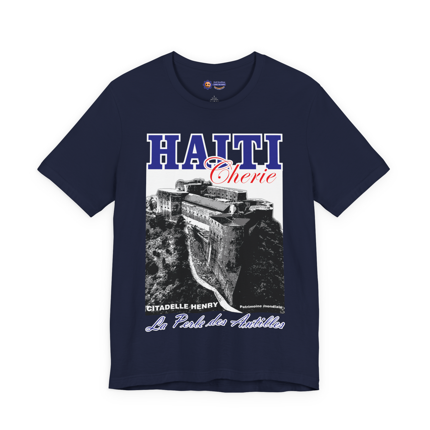 Navy blue t-shirt with 'HAITI Chérie' graphic design on a white background