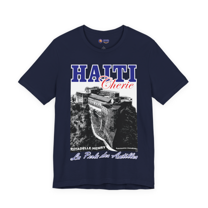 Navy blue t-shirt with 'HAITI Chérie' graphic design on a white background