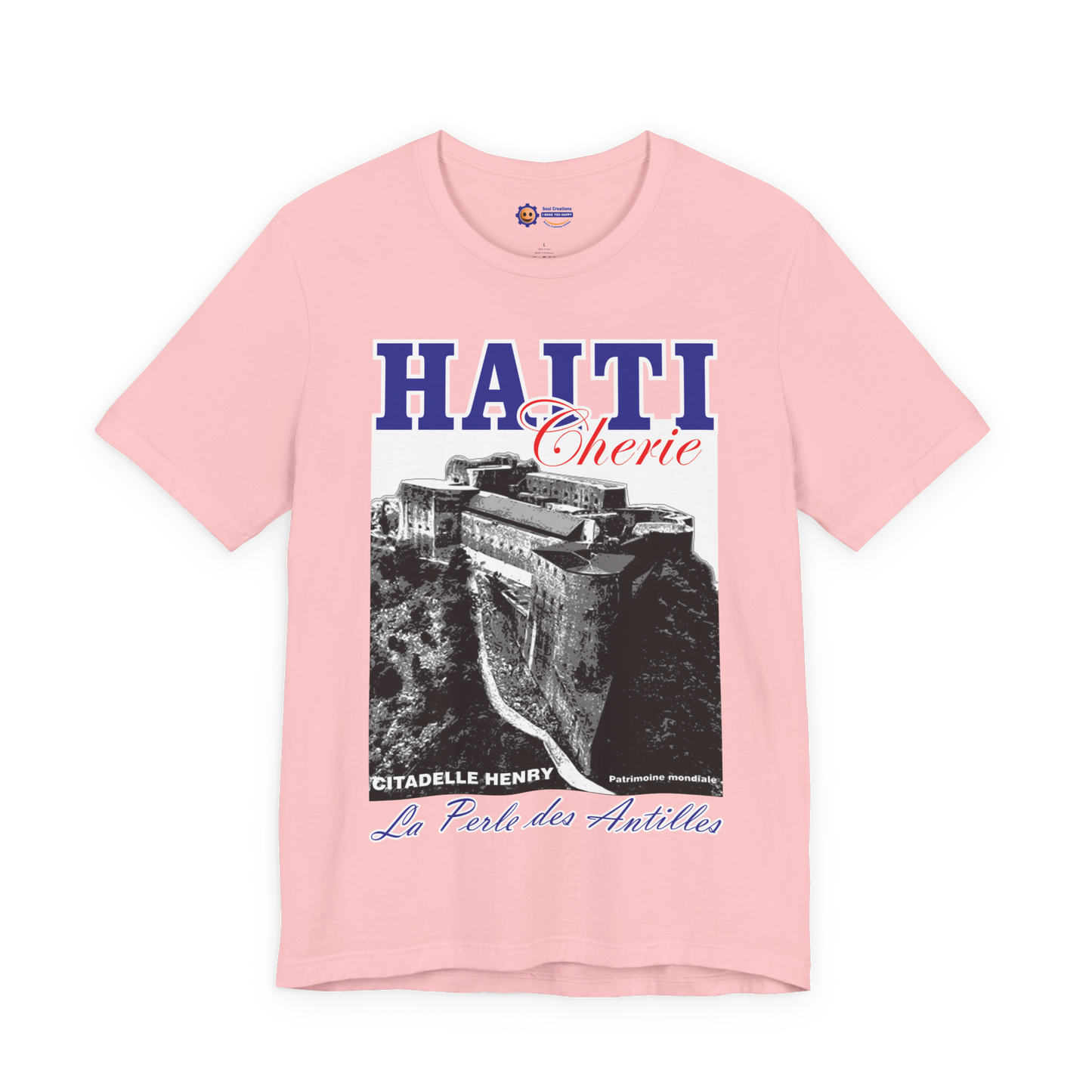 Pink t-shirt with Haiti graphic design on a white background