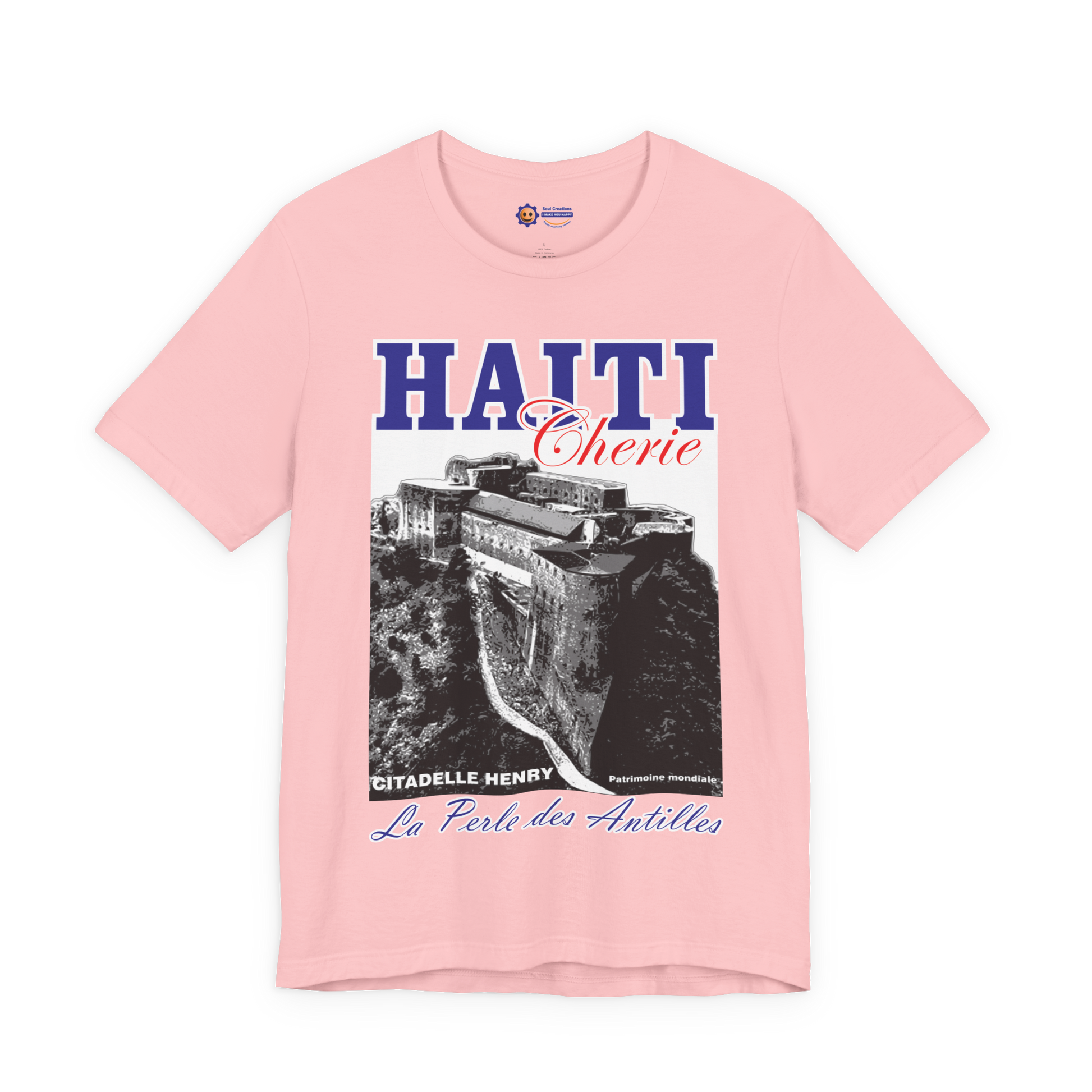 Pink t-shirt with Haiti graphic design on a white background