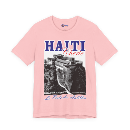 Pink t-shirt with Haiti graphic design on a white background