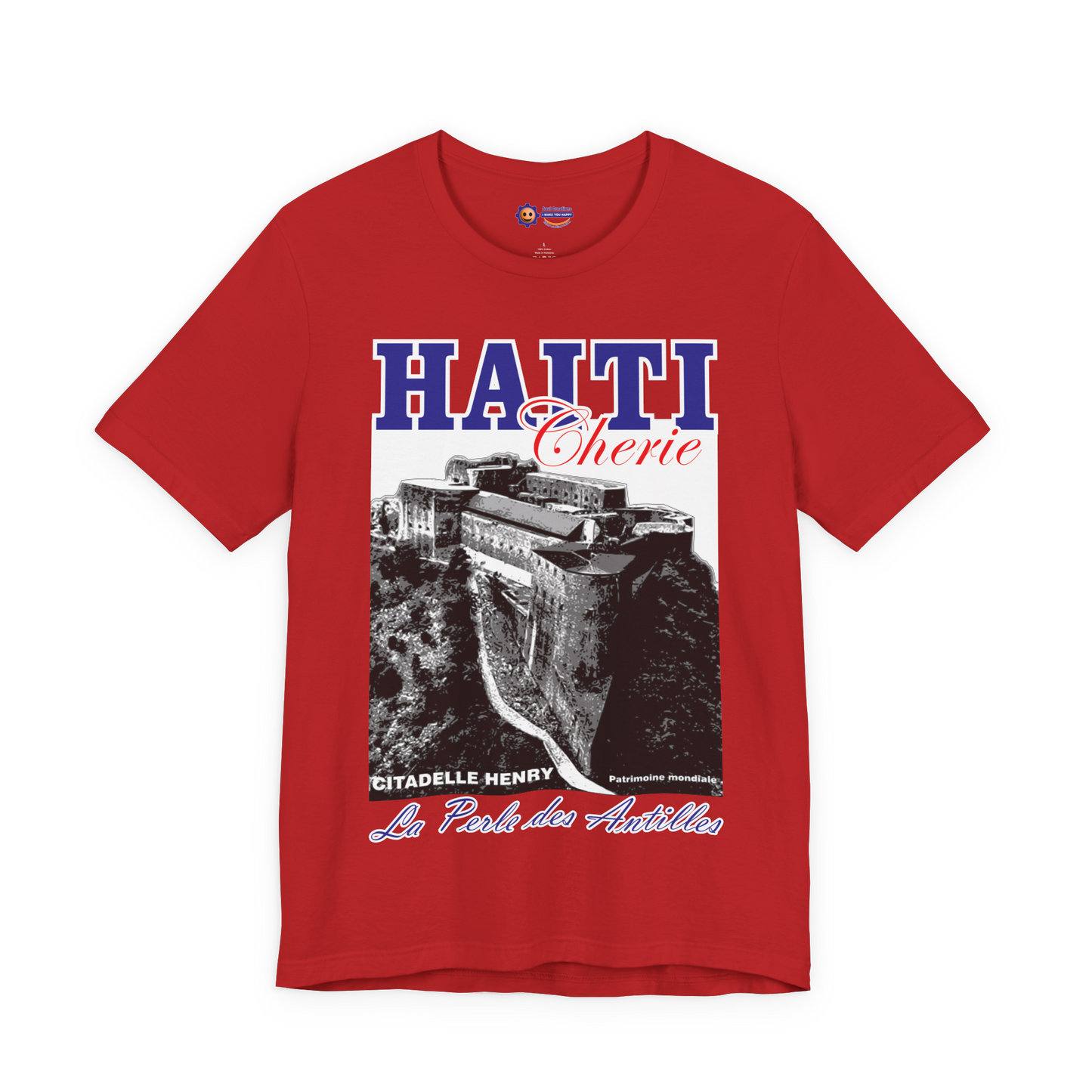 Red t-shirt with 'HAITI Chérie' graphic design on a white background