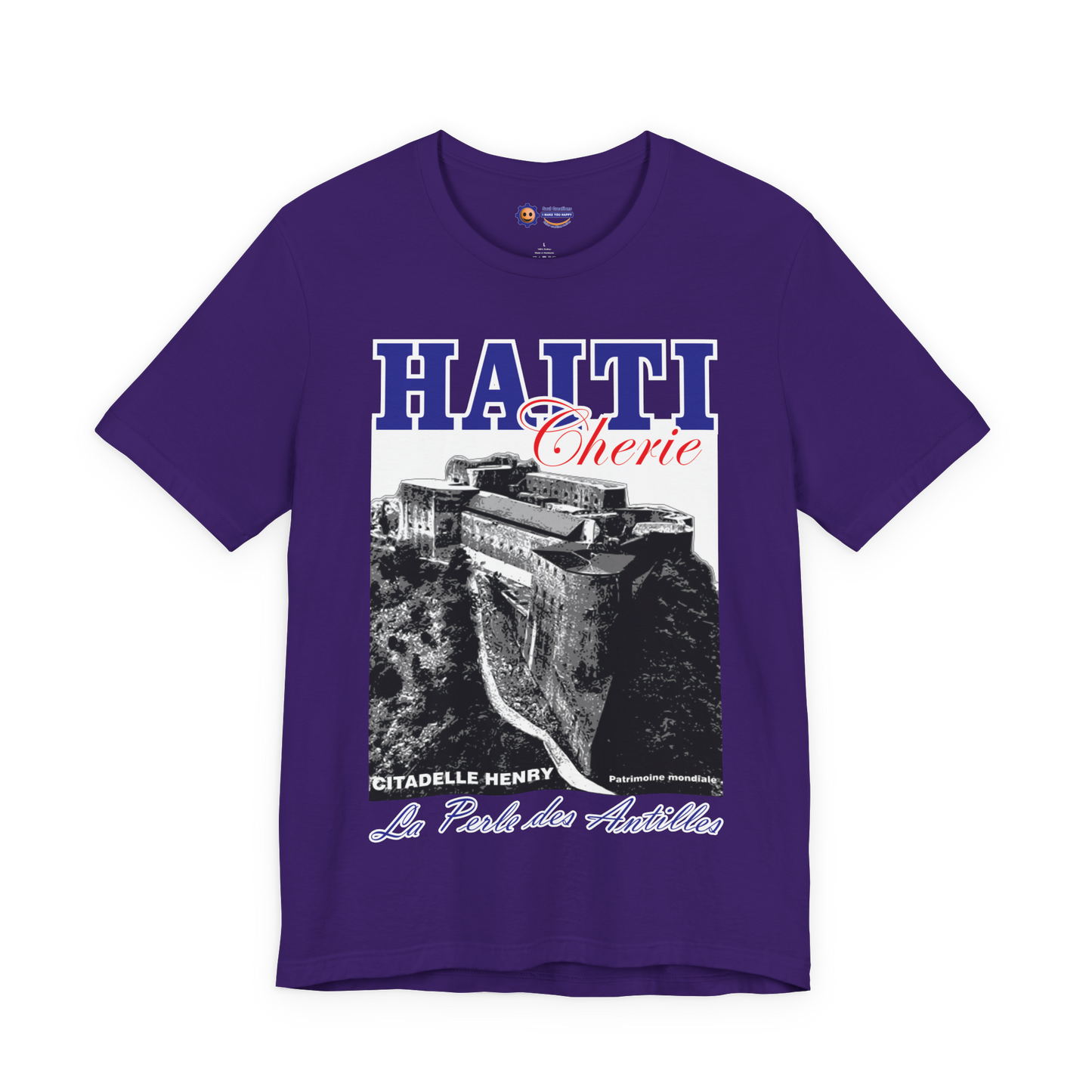 Purple t-shirt with Haiti-themed graphic on a white background