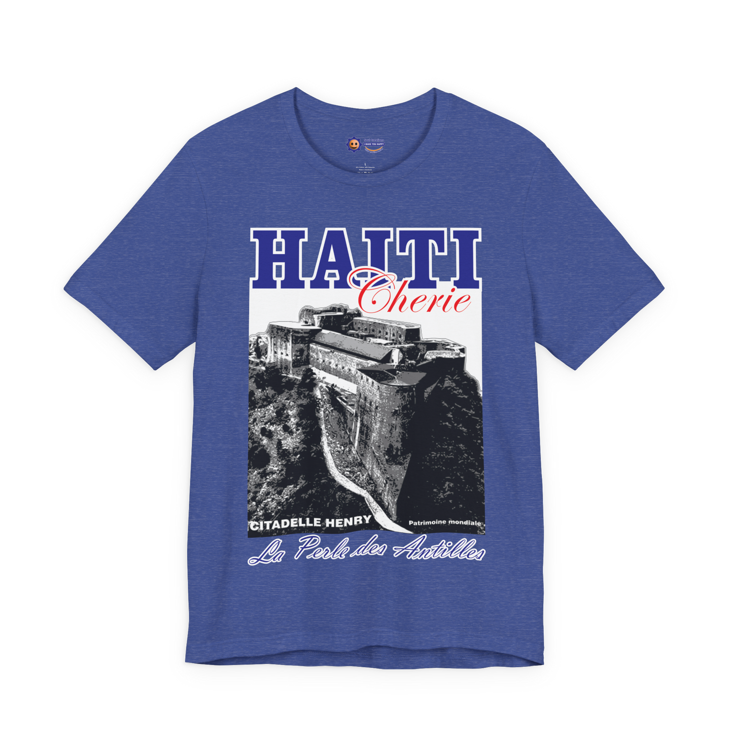 Blue t-shirt with Haiti-themed graphic design on a white background
