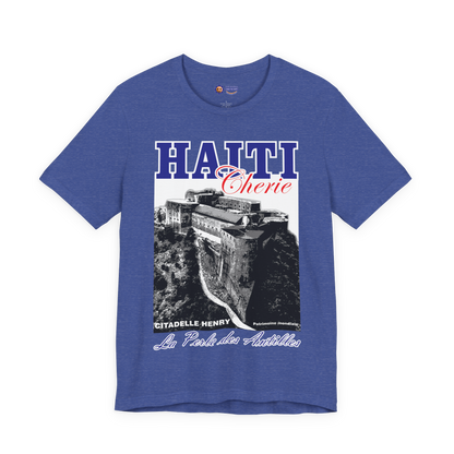 Blue t-shirt with Haiti-themed graphic design on a white background