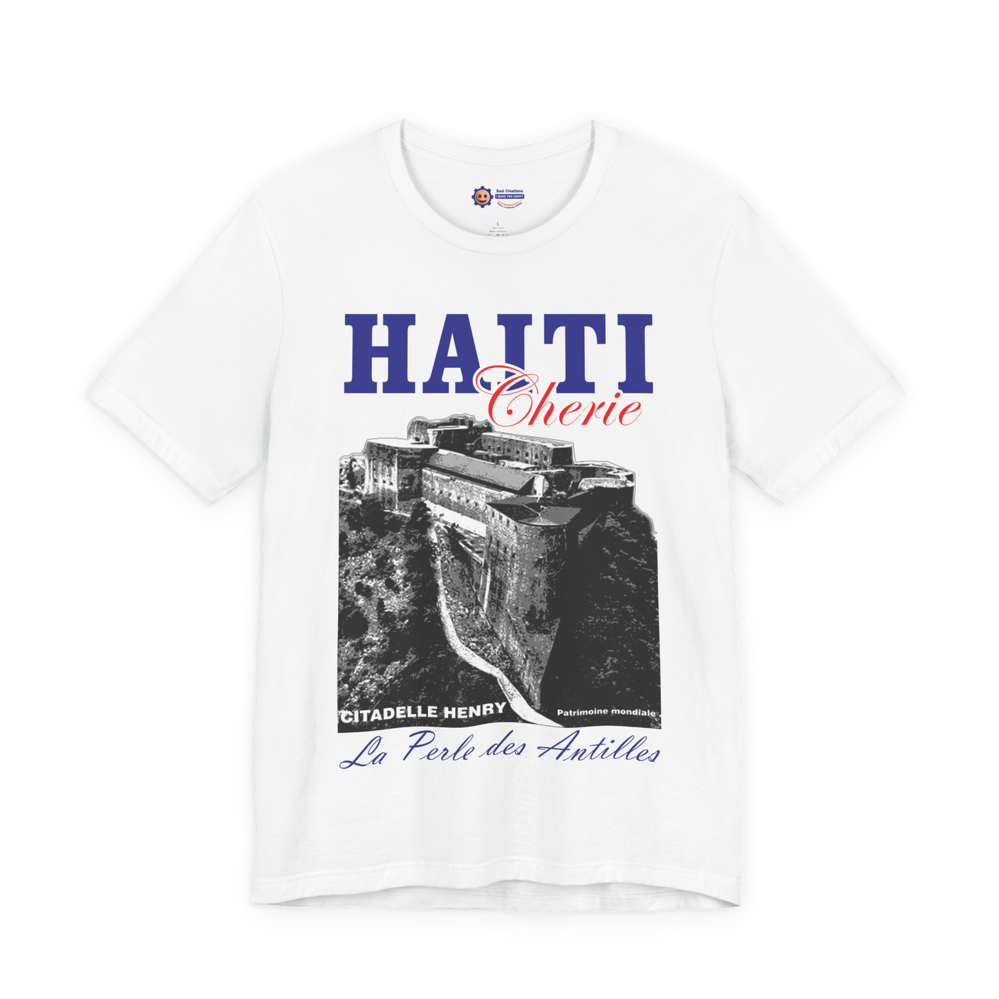 White t-shirt with Haiti-themed design featuring a castle and text on a white background