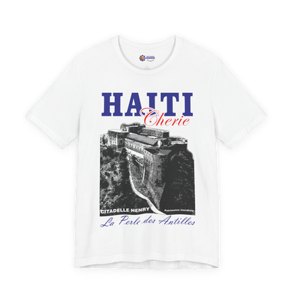 White t-shirt with Haiti-themed design featuring a castle and text on a white background