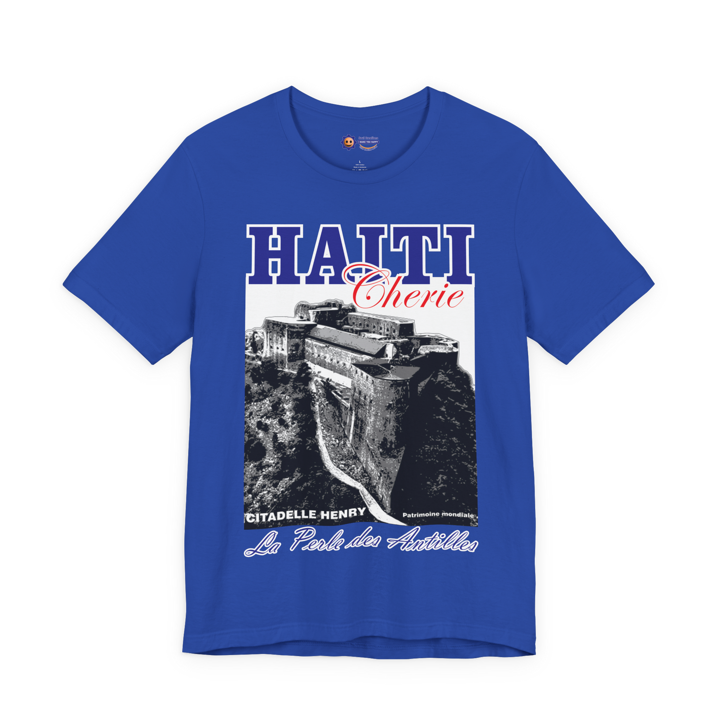 True Royal Blue t-shirt with black and white graphic and 'Haiti' text on a white background