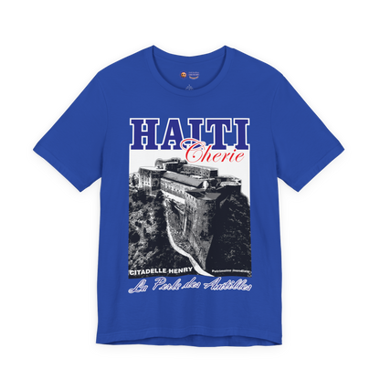 True Royal Blue t-shirt with black and white graphic and 'Haiti' text on a white background