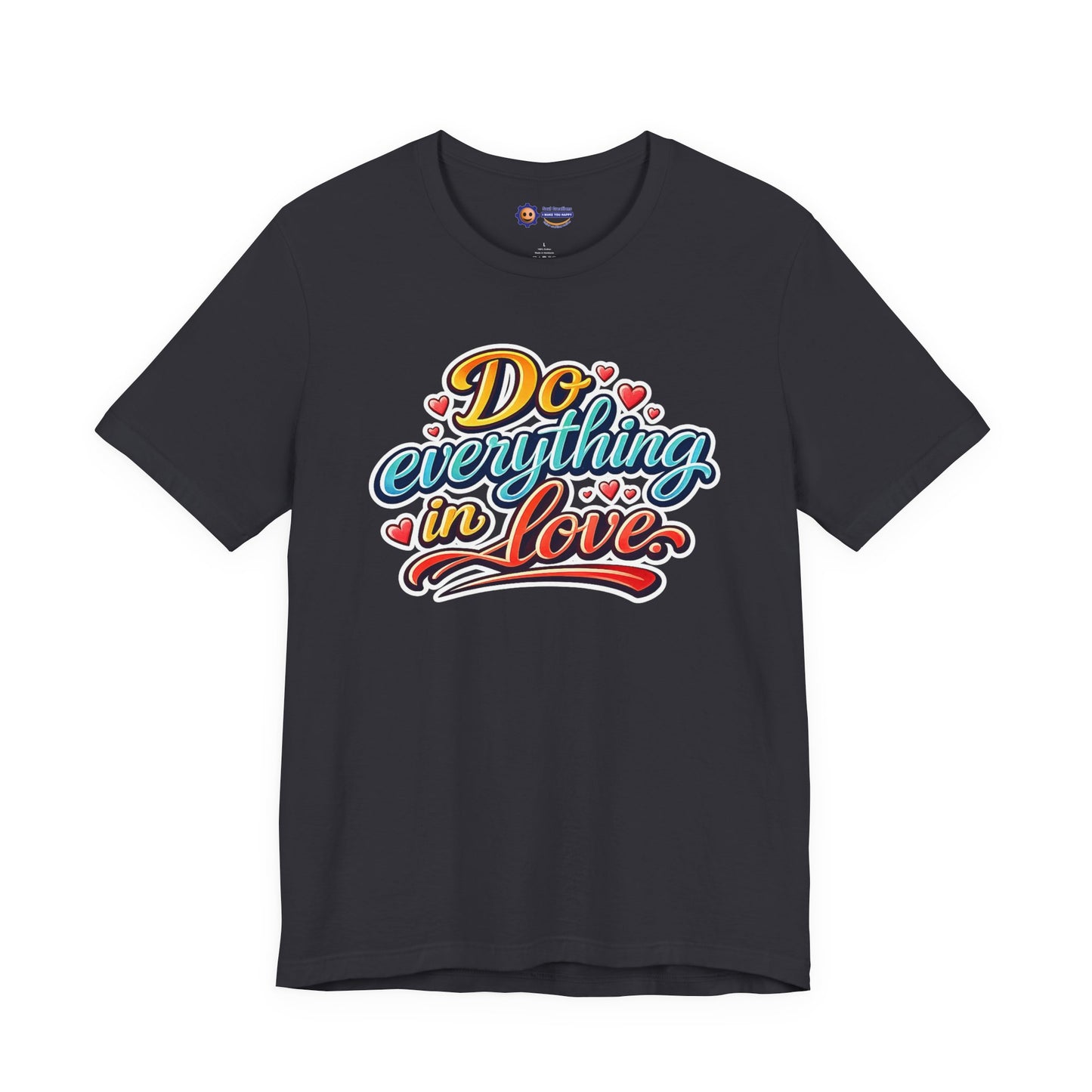 Dark grey t-shirt with colorful text design on a white background