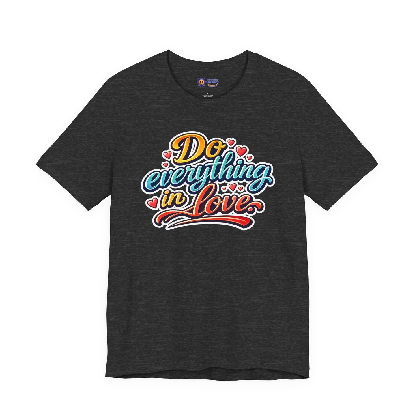 Dark Grey t-shirt with colorful text design on a white background