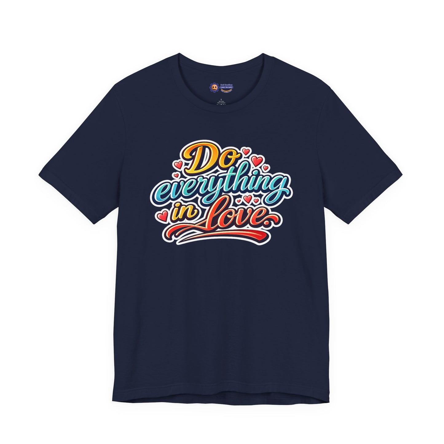 Navy t-shirt with colorful text design on a white background