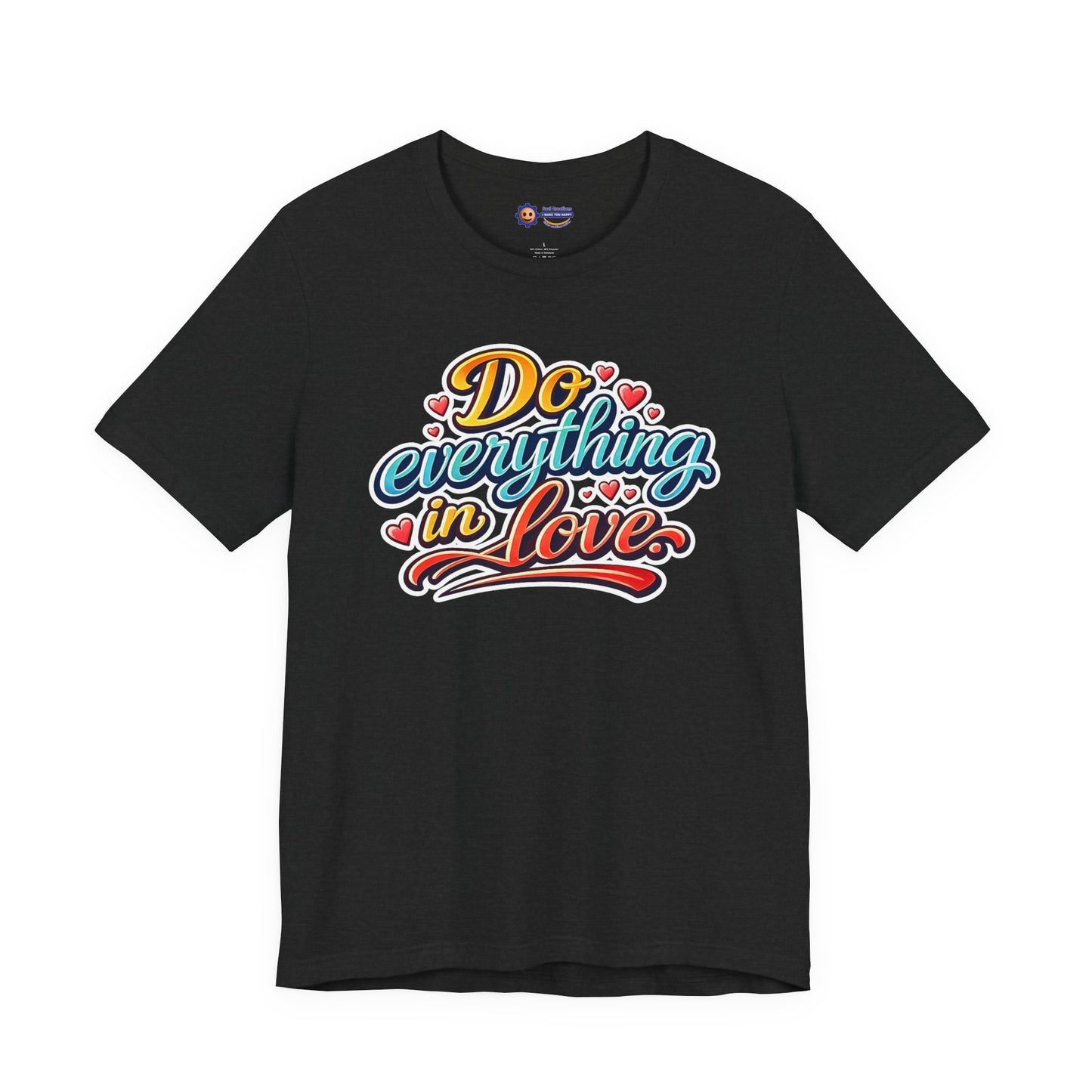 Dark grey t-shirt with colorful text design on a white background