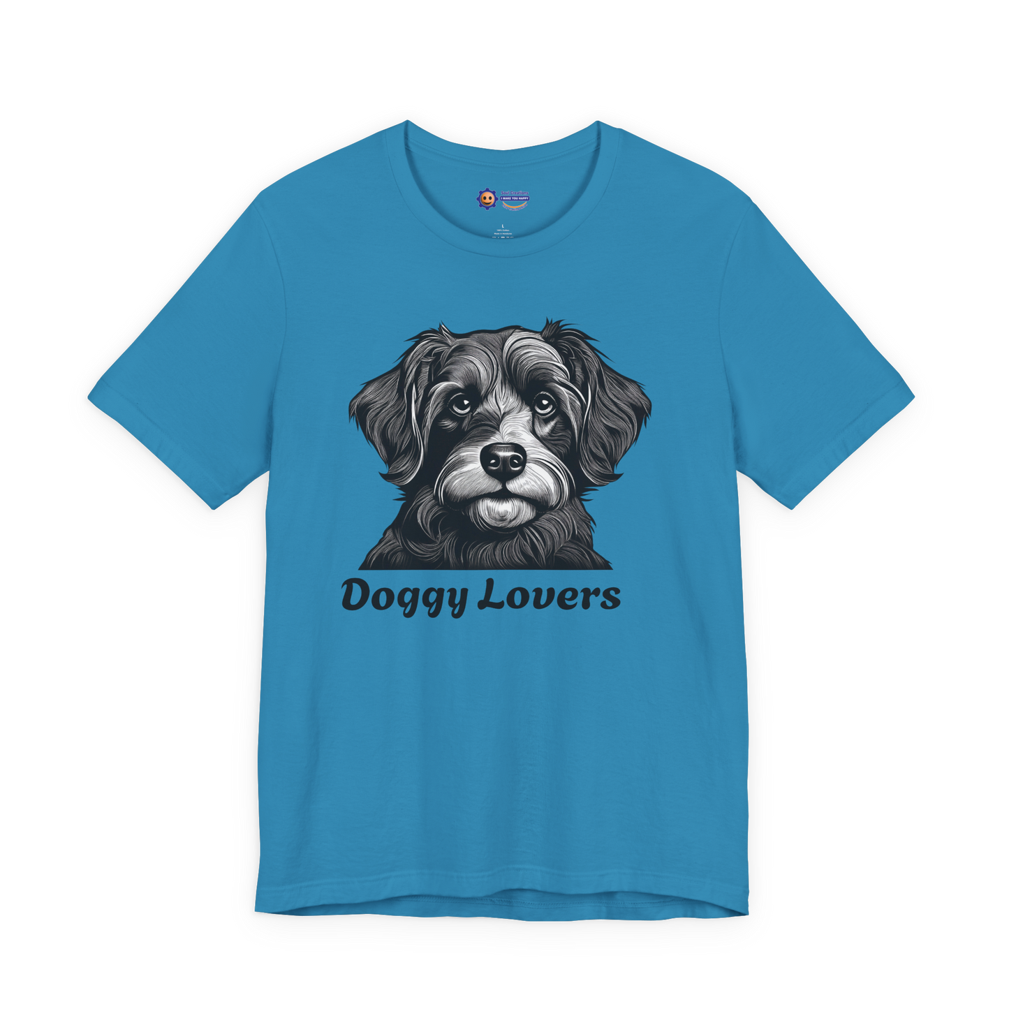 Aqua t-shirt with a dog graphic and 'Doggy Lovers' text on a white background
