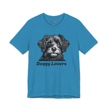 Aqua t-shirt with a dog graphic and 'Doggy Lovers' text on a white background