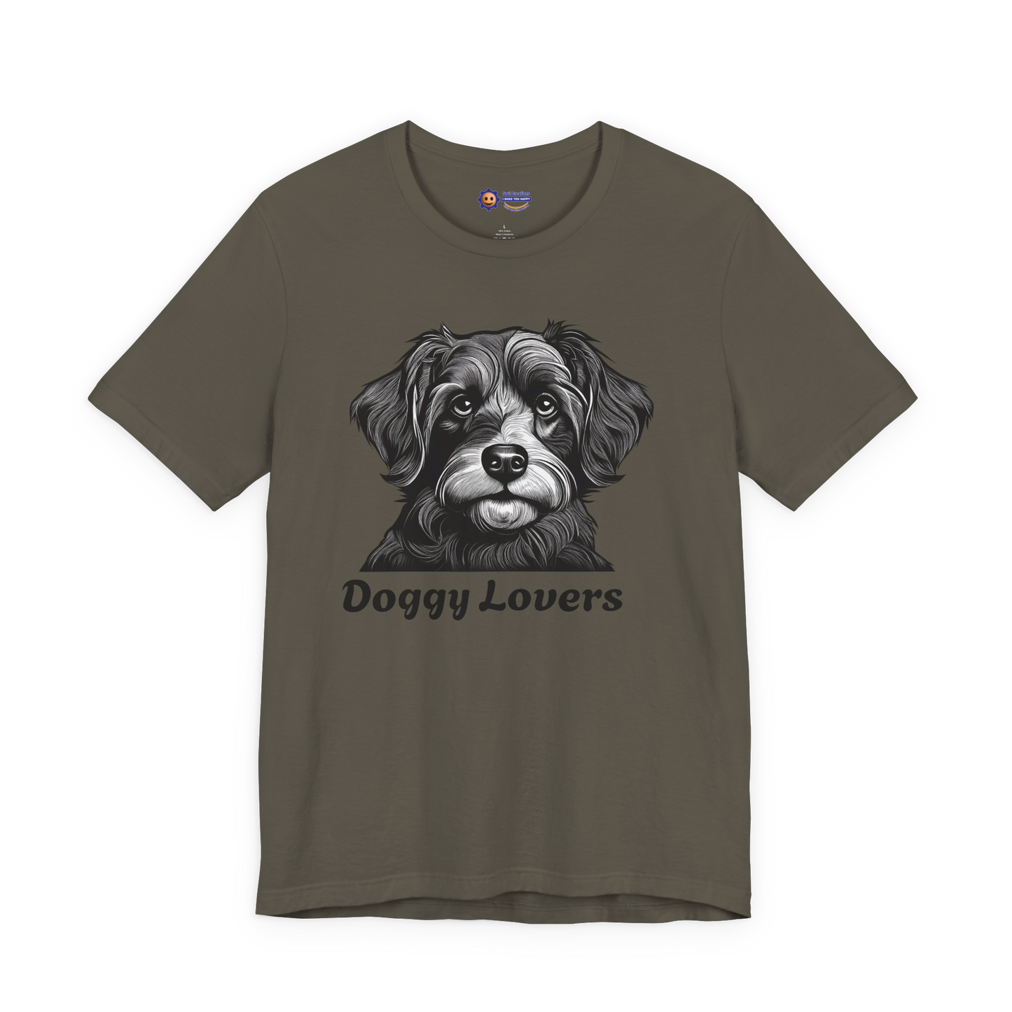 Army green t-shirt with a dog graphic and 'Doggy Lovers' text on a white background