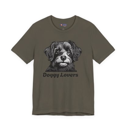 Army green t-shirt with a dog graphic and 'Doggy Lovers' text on a white background