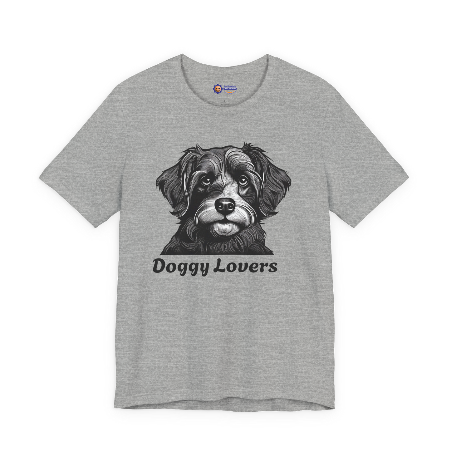 Gray t-shirt with a dog graphic and 'Doggy Lovers' text on a white background