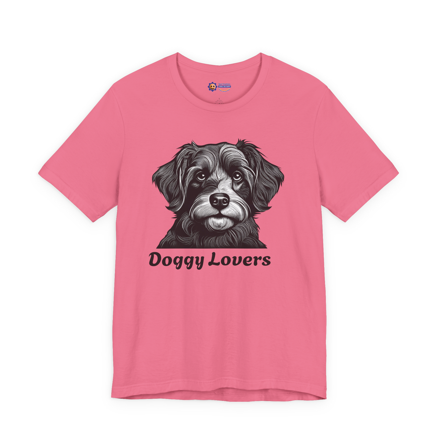 Pink t-shirt with a dog graphic and 'Doggy Lovers' text on a white background