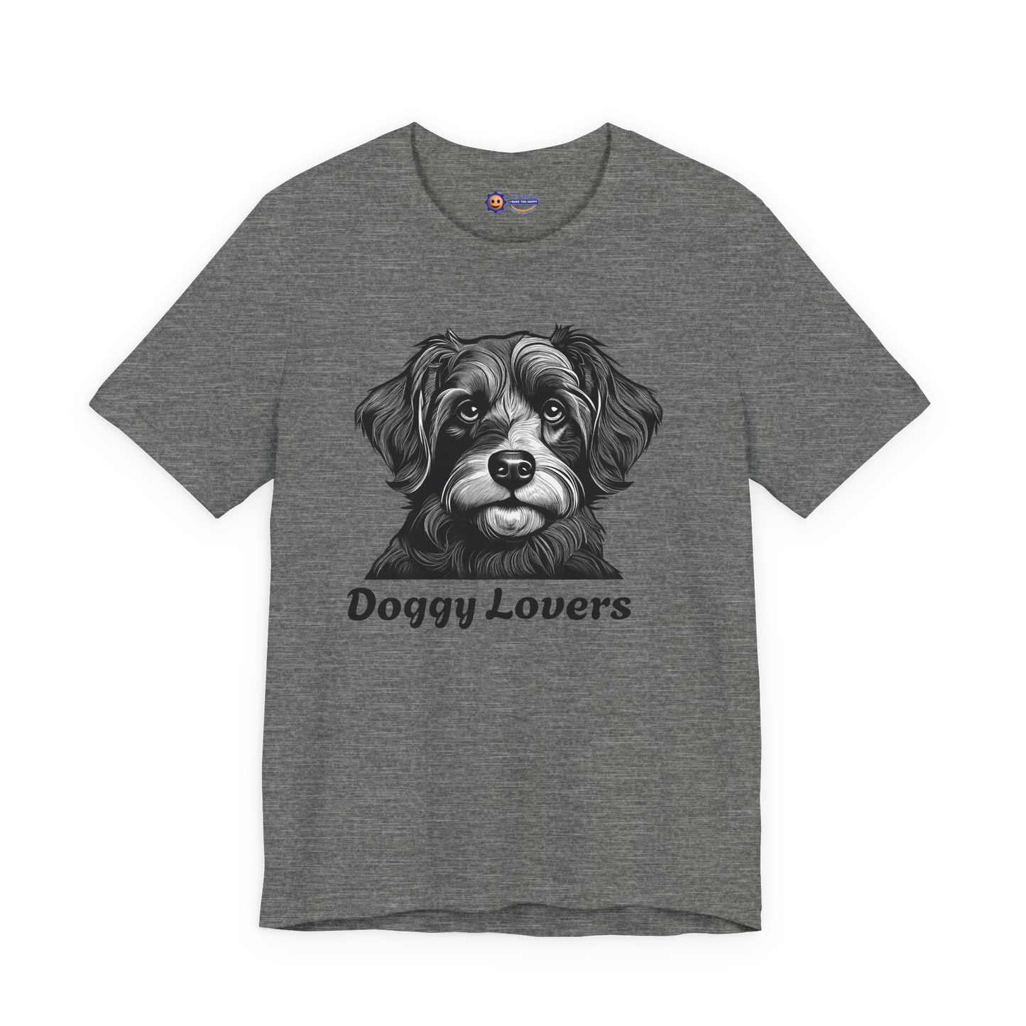 Gray t-shirt with a dog graphic and 'Doggy Lovers' text on a white background
