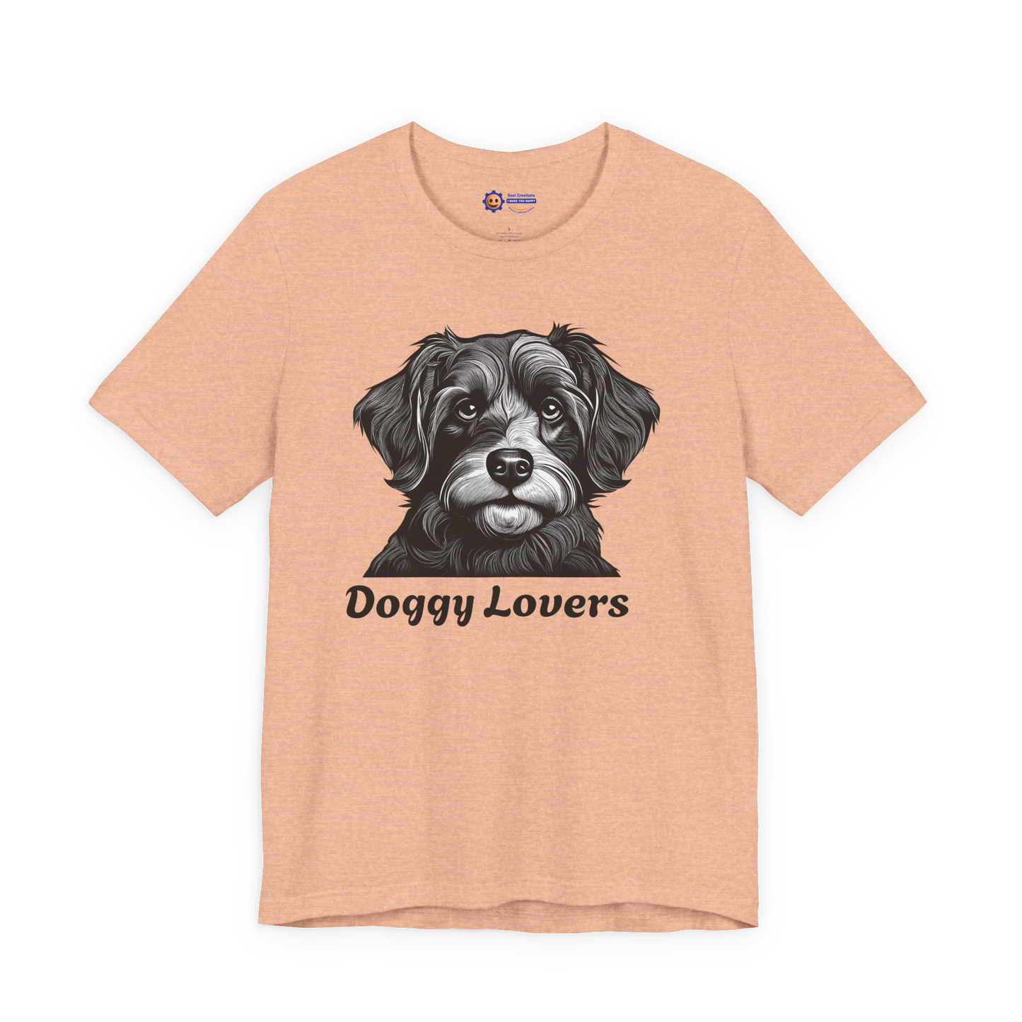 Heather Peach t-shirt with a dog graphic and 'Doggy Lovers' text on a white background