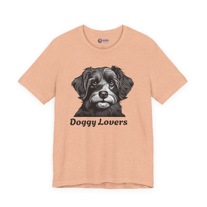 Heather Peach t-shirt with a dog graphic and 'Doggy Lovers' text on a white background