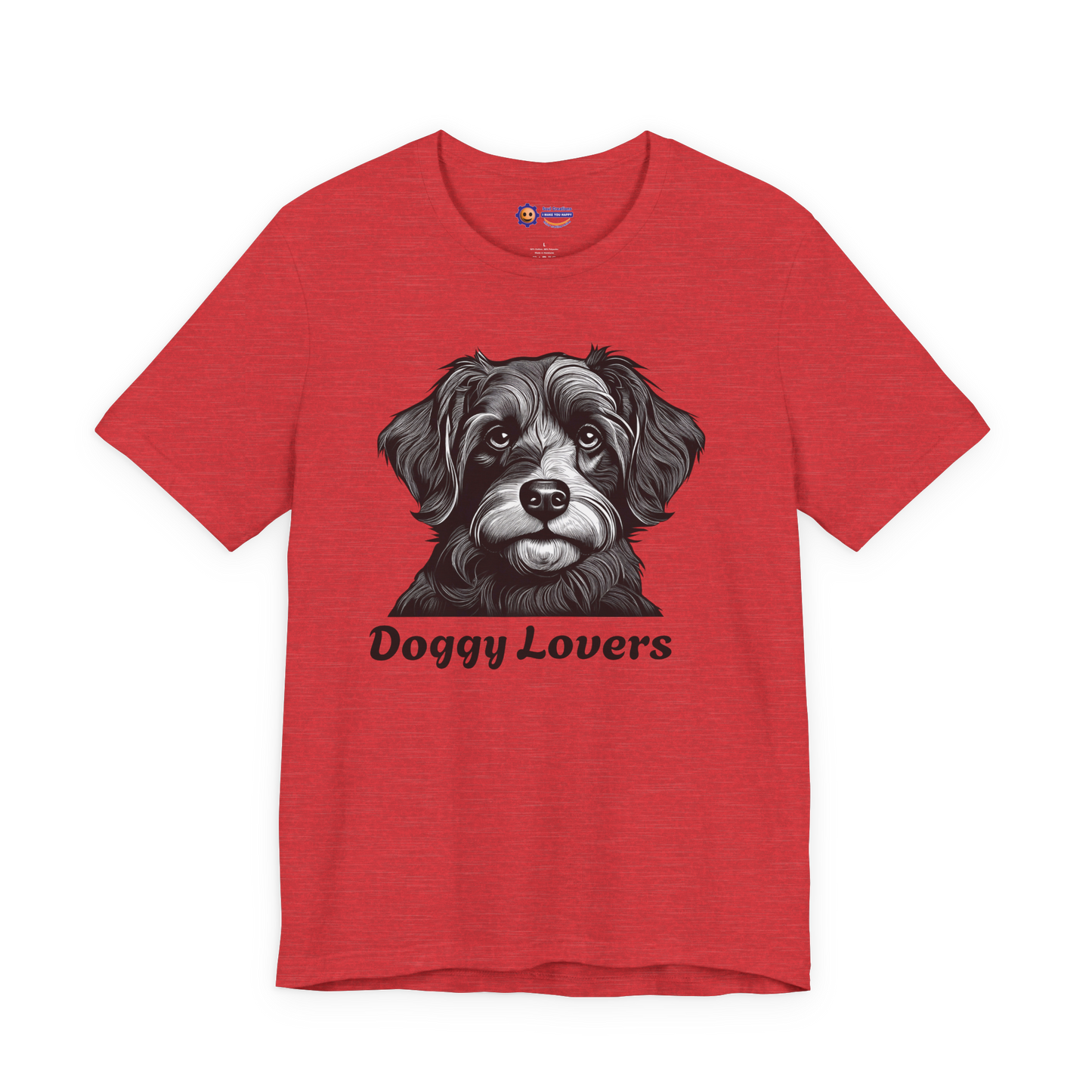 Heather Red t-shirt with a dog graphic and 'Doggy Lovers' text on a white background