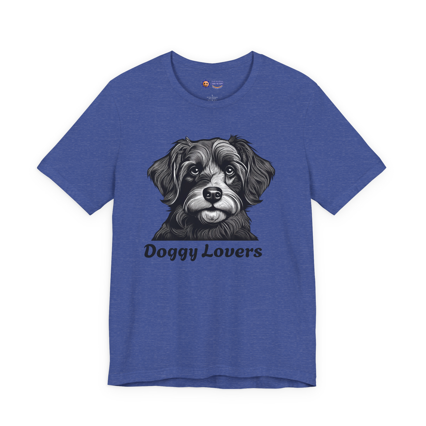 Heather True Royal t-shirt with a dog graphic and 'Doggy Lovers' text on a white background