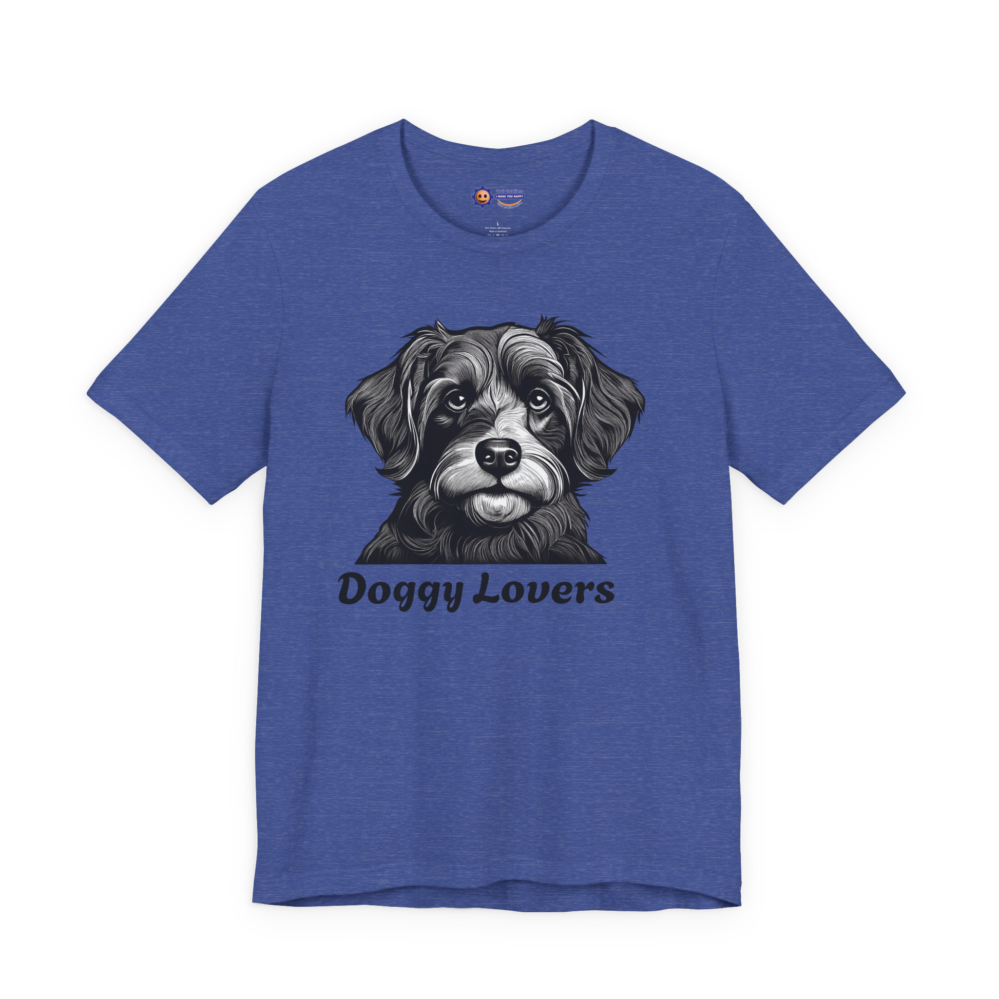 Heather True Royal t-shirt with a dog graphic and 'Doggy Lovers' text on a white background