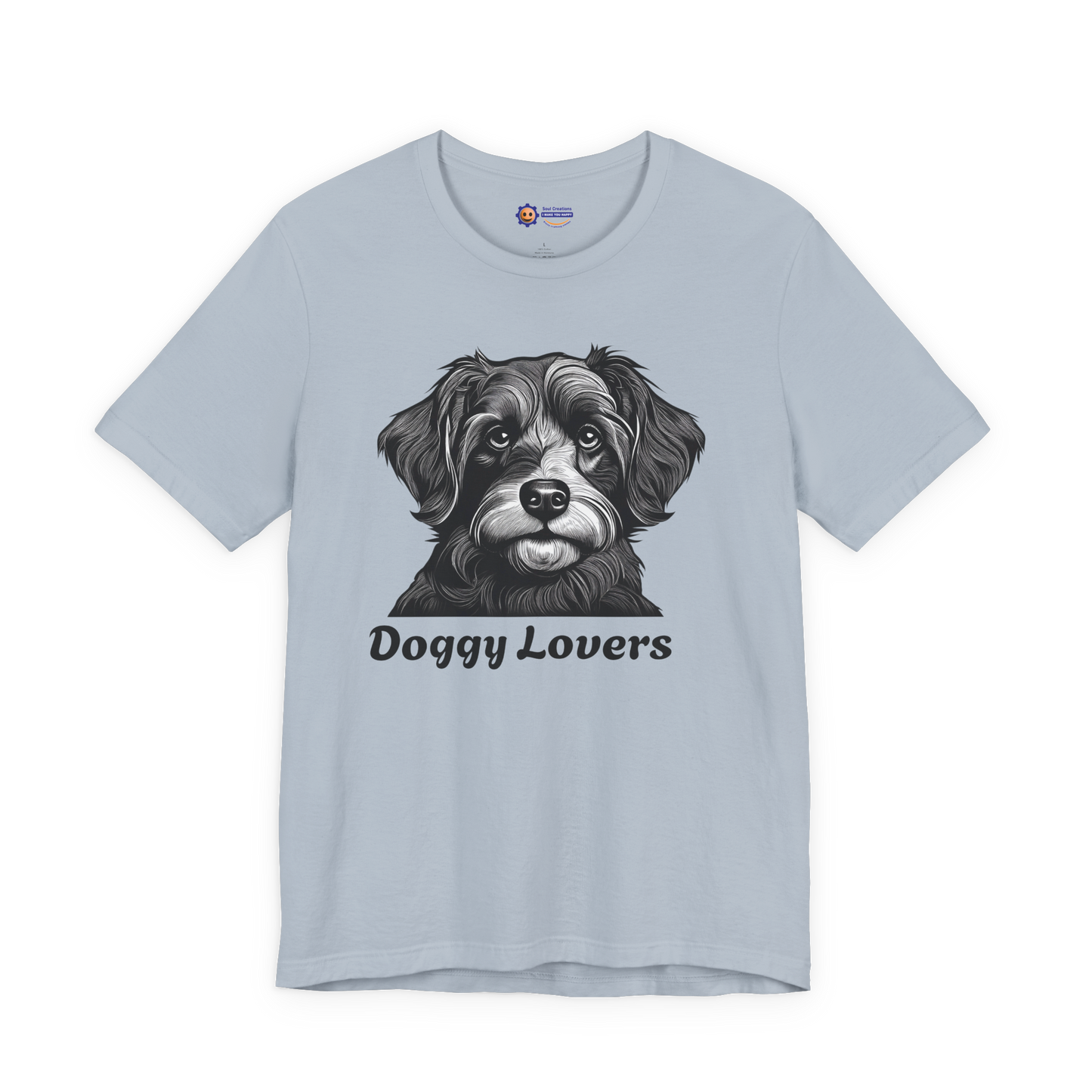 Light blue t-shirt with a dog graphic and 'Doggy Lovers' text on a white background