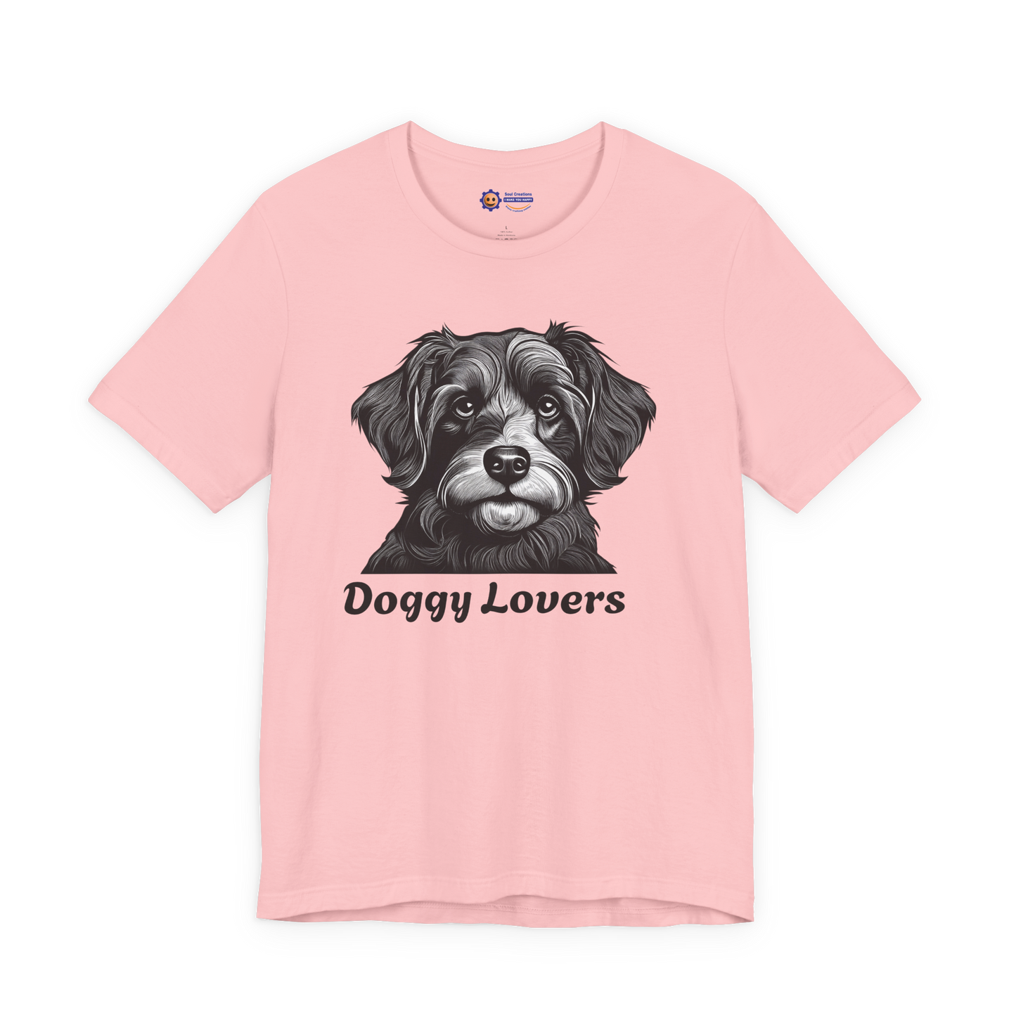 Pink t-shirt with a dog graphic and 'Doggy Lovers' text on a white background