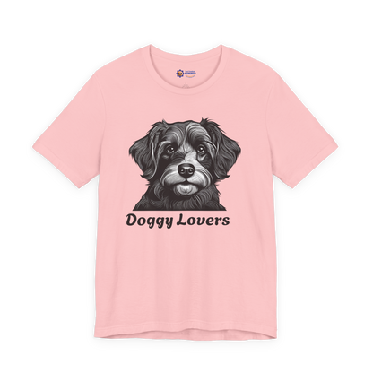 Pink t-shirt with a dog graphic and 'Doggy Lovers' text on a white background
