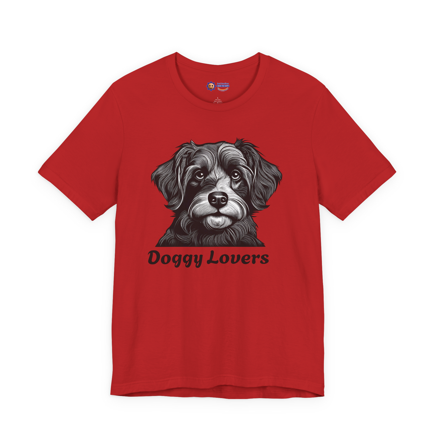 Red t-shirt with a dog graphic and 'Doggy Lovers' text on a white background