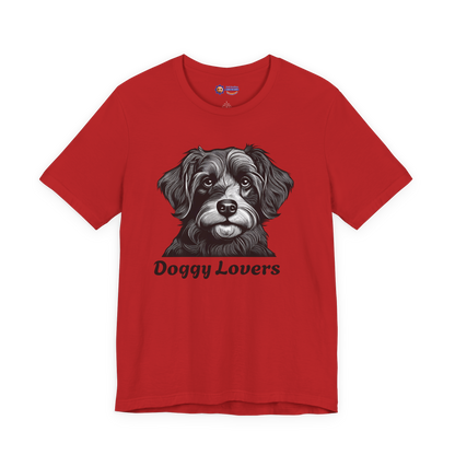 Red t-shirt with a dog graphic and 'Doggy Lovers' text on a white background