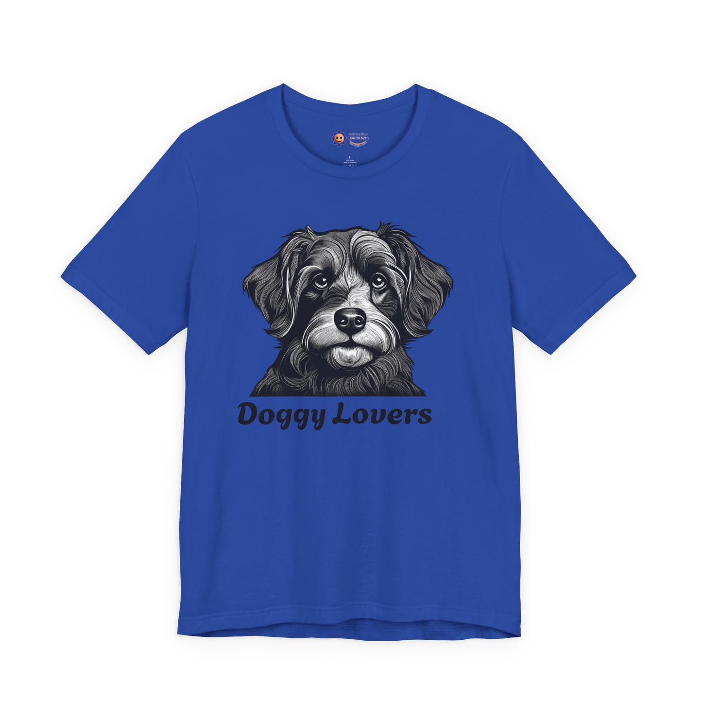 True Ryal Blue t-shirt with a dog graphic and 'Doggy Lovers' text on a white background