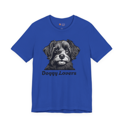 True Ryal Blue t-shirt with a dog graphic and 'Doggy Lovers' text on a white background