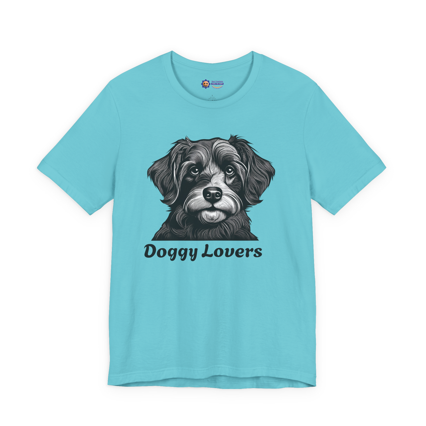 Turquoise t-shirt with a dog graphic and 'Doggy Lovers' text on a white background