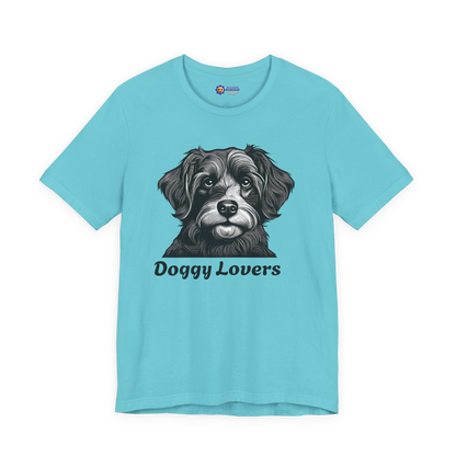 Turquoise t-shirt with a dog graphic and 'Doggy Lovers' text on a white background