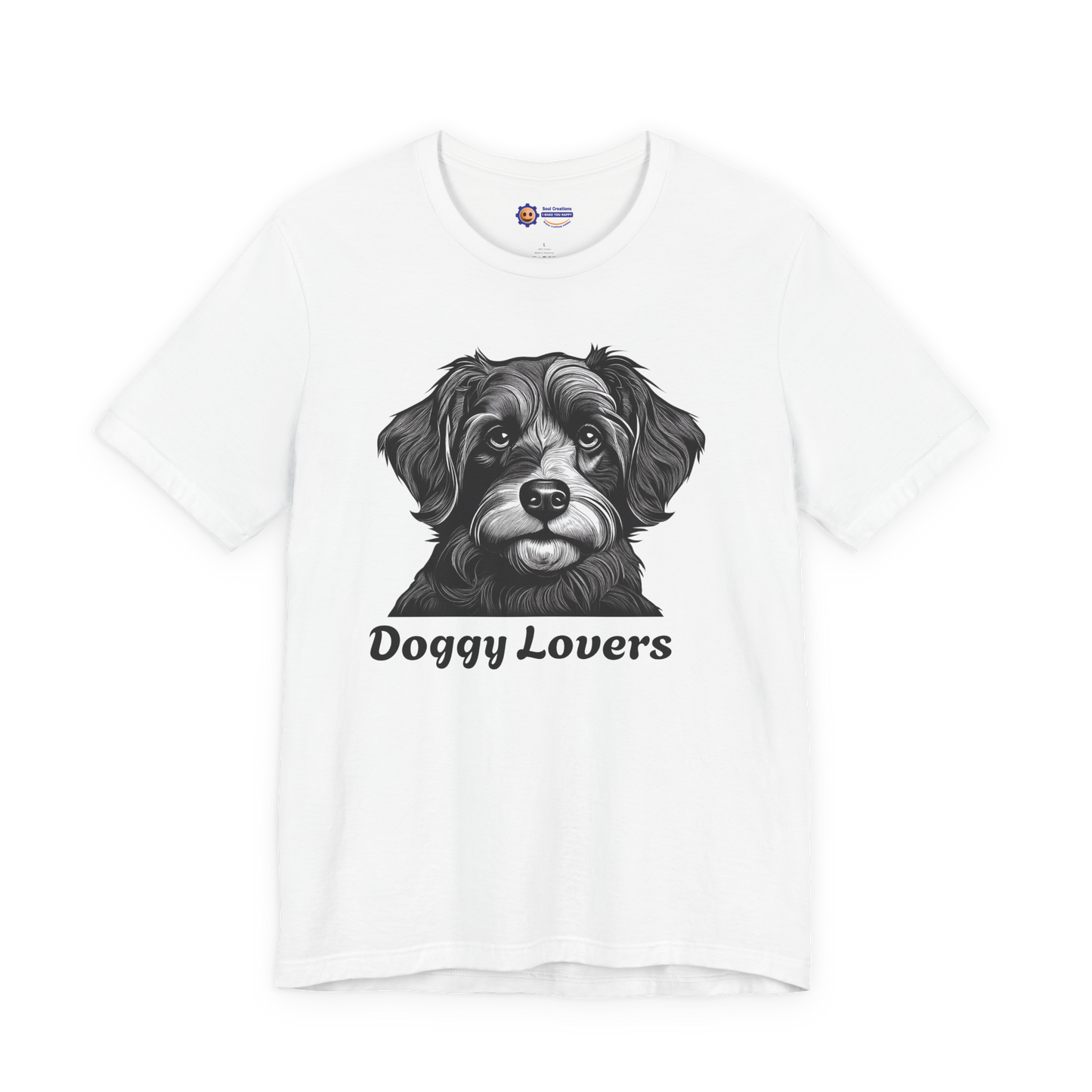 White t-shirt with a dog graphic and 'Doggy Lovers' text on a white background