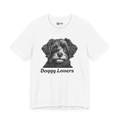 White t-shirt with a dog graphic and 'Doggy Lovers' text on a white background