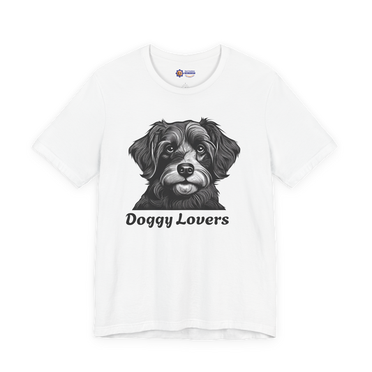 White t-shirt with a dog graphic and 'Doggy Lovers' text on a white background