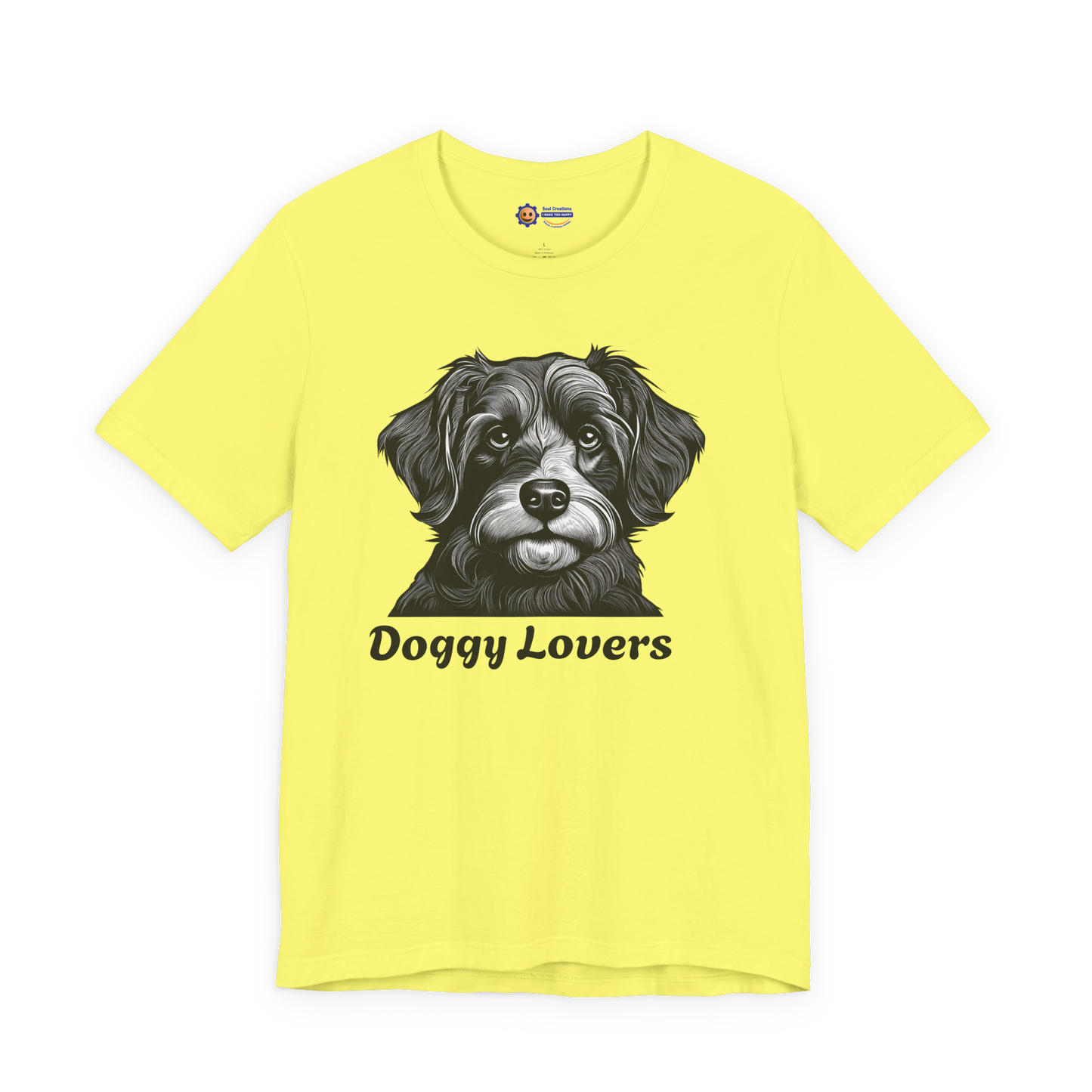 Yellow t-shirt with a dog graphic and 'Doggy Lovers' text on a white background