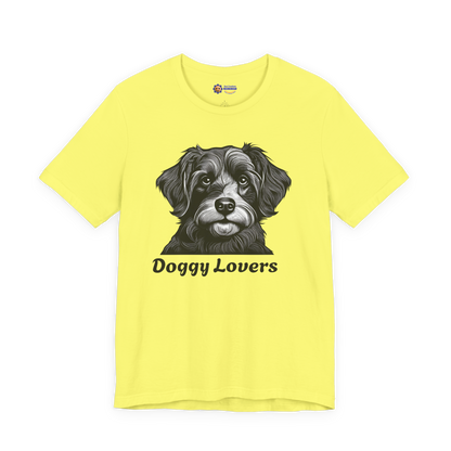 Yellow t-shirt with a dog graphic and 'Doggy Lovers' text on a white background
