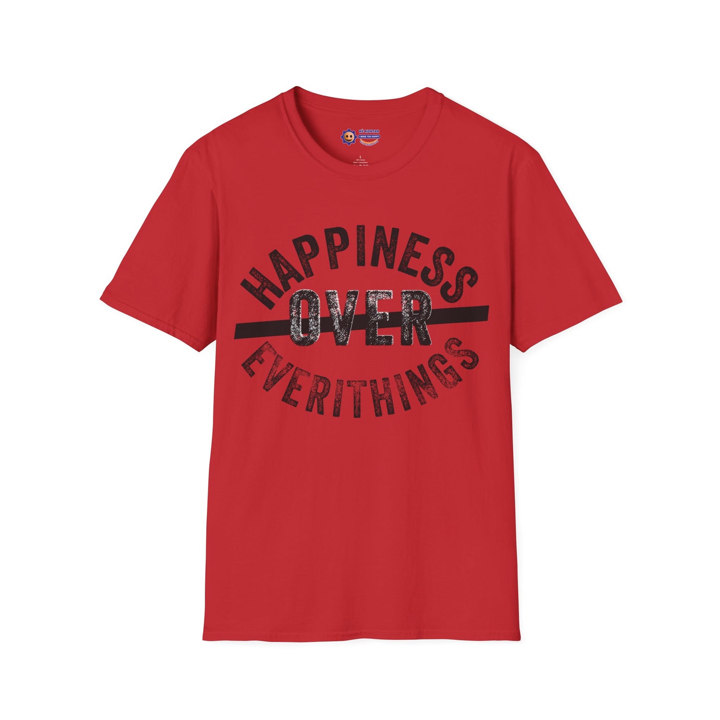 Red t-shirt with graphic and text :  HAPPINESS OVER EVERITHINGS on a white background